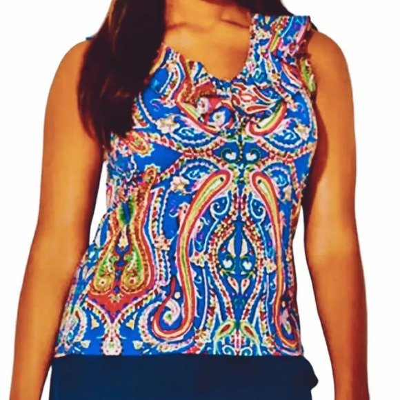 Lauren Ralph Lauren Plus Size 2X Sleeveless Paisley Ruffle Neck Cotton Top - Picture 1 of 6